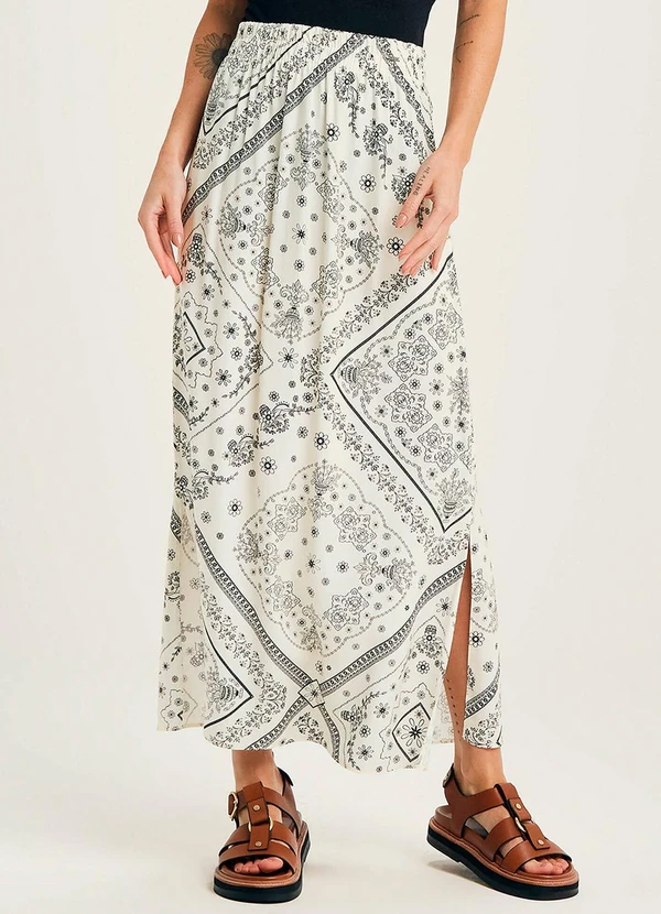 Marialícia - Saia Feminina Midi Padronagem Floral Bege