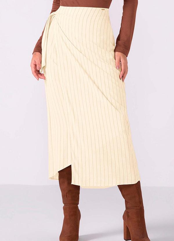 Marialícia - Saia Feminina Midi Transpassada Listrada Bege