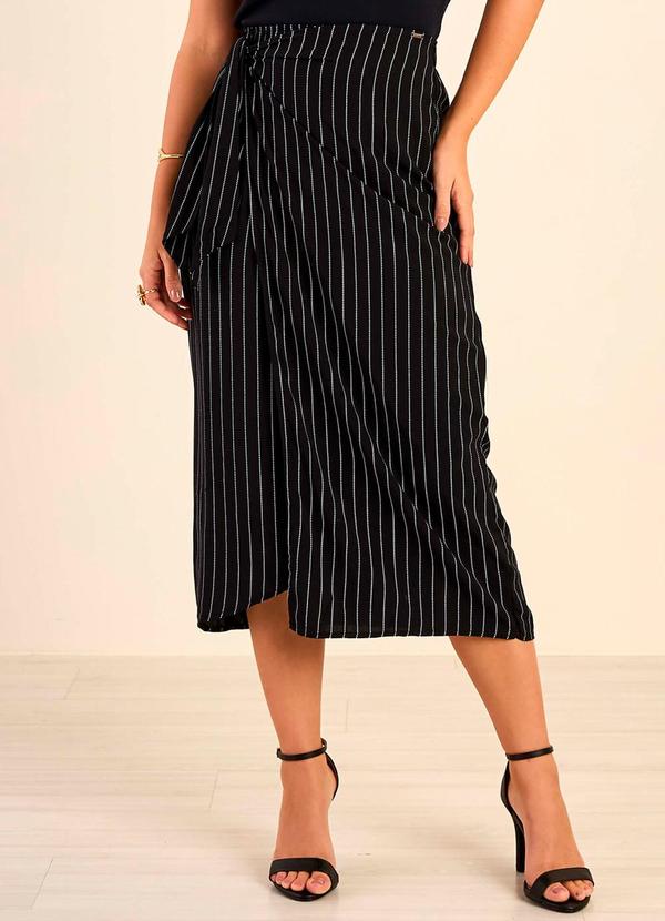 Marialícia - Saia Feminina Midi Transpassada Listrada Preto