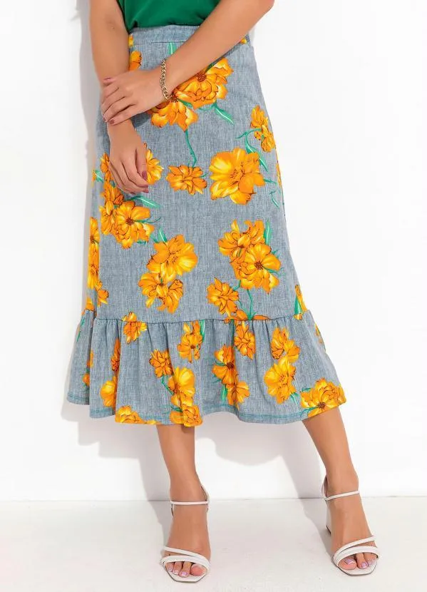 Queima Estoque - Saia Floral Azul com Babado
