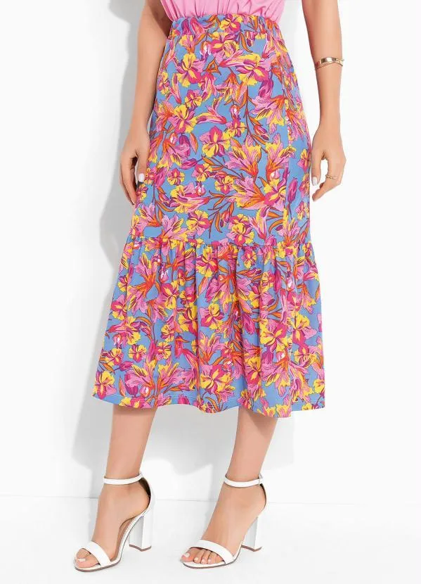 Rosalie - Saia Floral Azul com Babado