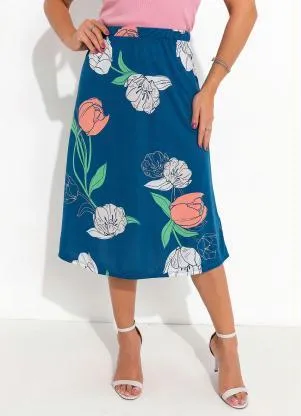 Queima Estoque - Saia Floral Azul com Bolsos - QUEIMA ESTOQUE