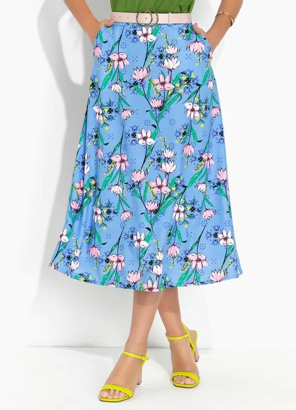 Rosalie - Saia Floral Azul com Bolsos