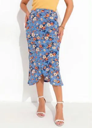 Queima Estoque - Saia Floral Azul com Fenda - QUEIMA ESTOQUE