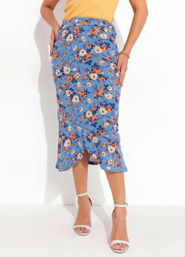 Queima Estoque - Saia Floral Azul com Fenda