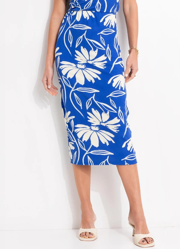 Quintess - Saia Floral Azul em Canelado