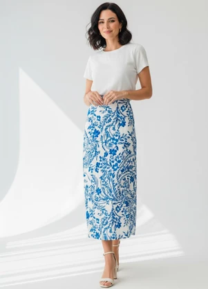 Quintess - Saia Floral Azul em Viscose Plana - QUINTESS