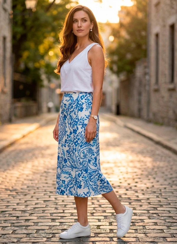 Quintess - Saia Floral Azul em Viscose Plana 11