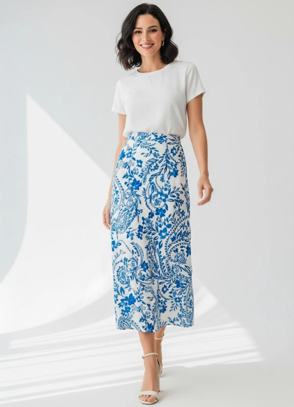 Quintess - Saia Floral Azul em Viscose Plana