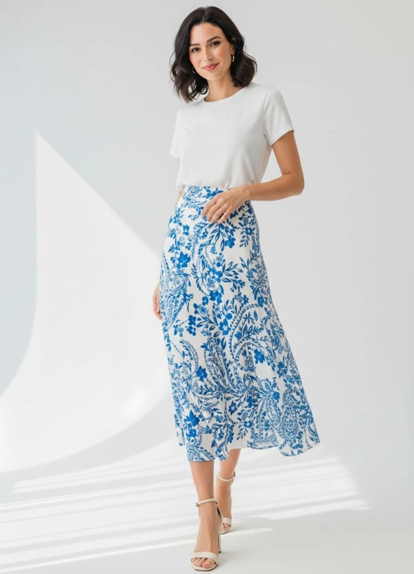 Quintess - Saia Floral Azul em Viscose Plana 14