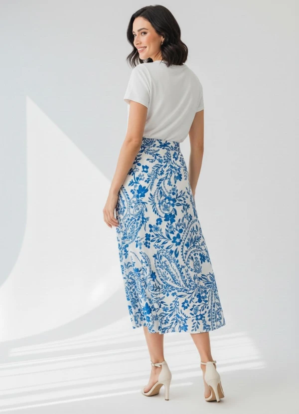 Quintess - Saia Floral Azul em Viscose Plana 2