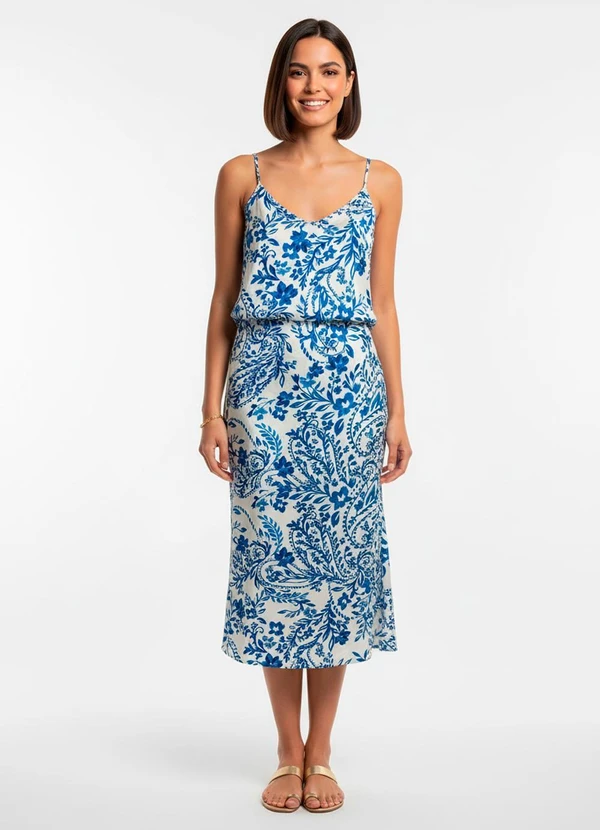 Quintess - Saia Floral Azul em Viscose Plana 4