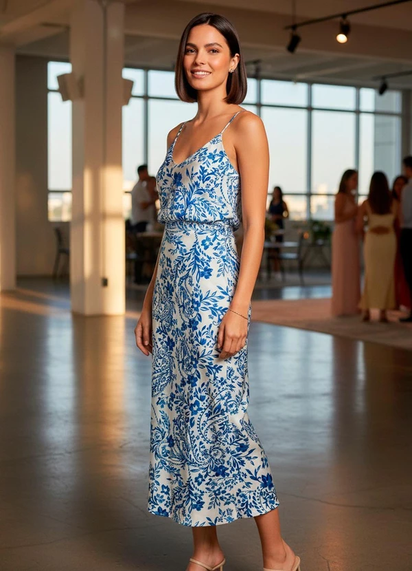 Quintess - Saia Floral Azul em Viscose Plana 6