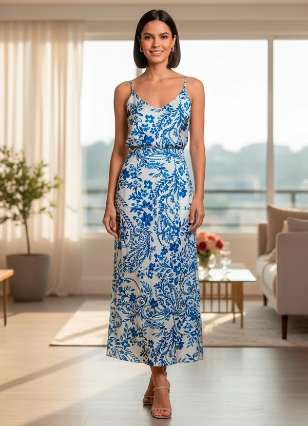 Quintess - Saia Floral Azul em Viscose Plana 7