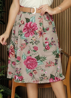 Rosalie - Saia Floral Bege com Pregas - ROSALIE