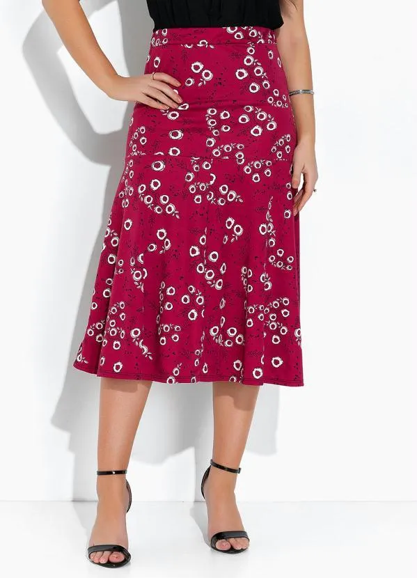 Rosalie - Saia Floral Bordô com Elástico