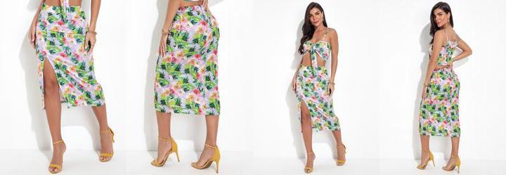 Saia Floral Borrado em Jersey Acetinado