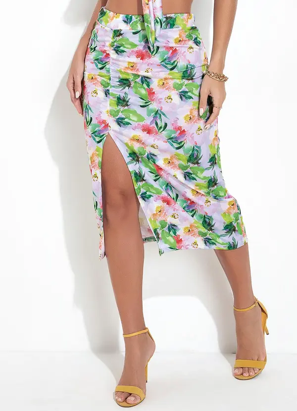 Moda Pop - Saia Floral Borrado em Jersey Acetinado