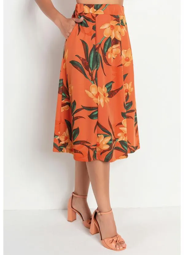 Rosalie - Saia Floral Ferrugem com Bolsos