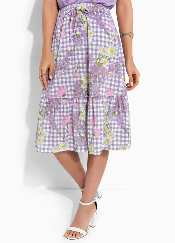 Rosalie - Saia Floral Lilás com Babado