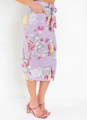 Queima Estoque - Saia Floral Lilás com Bolsos - QUEIMA ESTOQUE
