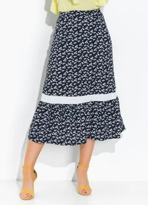 Rosalie - Saia Floral Marinha com Babado - ROSALIE