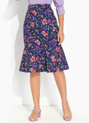 Rosalie - Saia Floral Marinho com Babado - ROSALIE