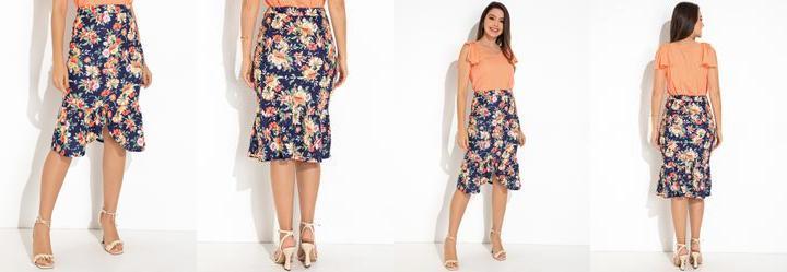 Saia Floral Marinho em Jersey Acetinado