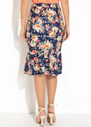Rosalie - Saia Floral Marinho em Jersey Acetinado - ROSALIE