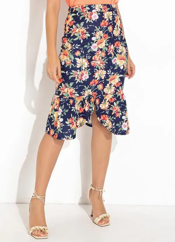Rosalie - Saia Floral Marinho em Jersey Acetinado 4