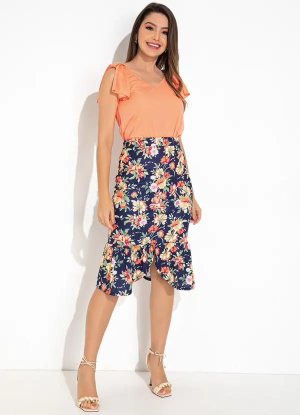 Rosalie - Saia Floral Marinho em Jersey Acetinado 2