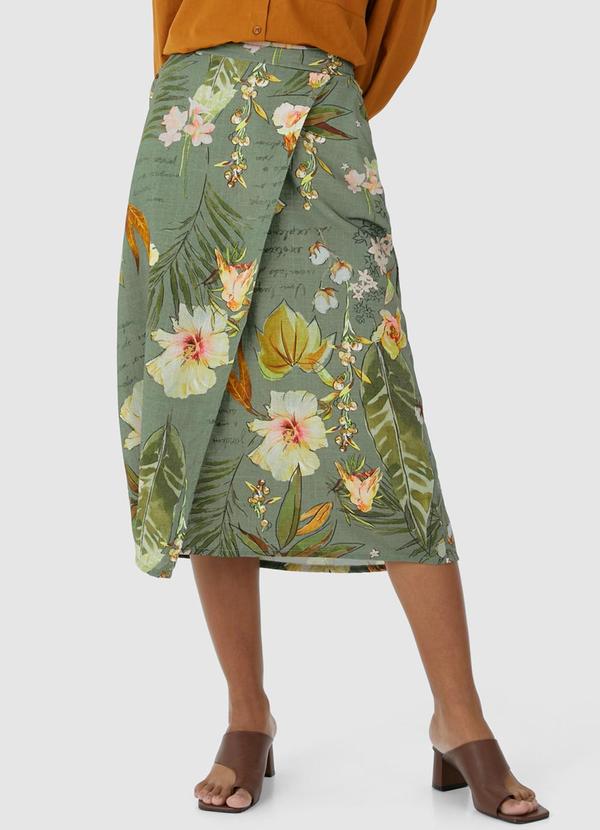 Malwee - Saia Floral Mídi Evasê Assimétrica Verde