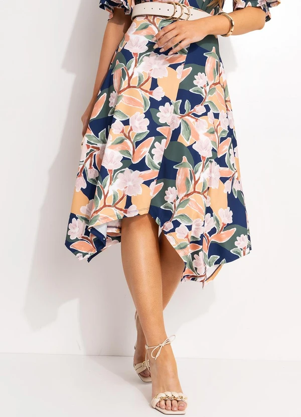 Quintess - Saia Floral Pincelado em Malha Fria