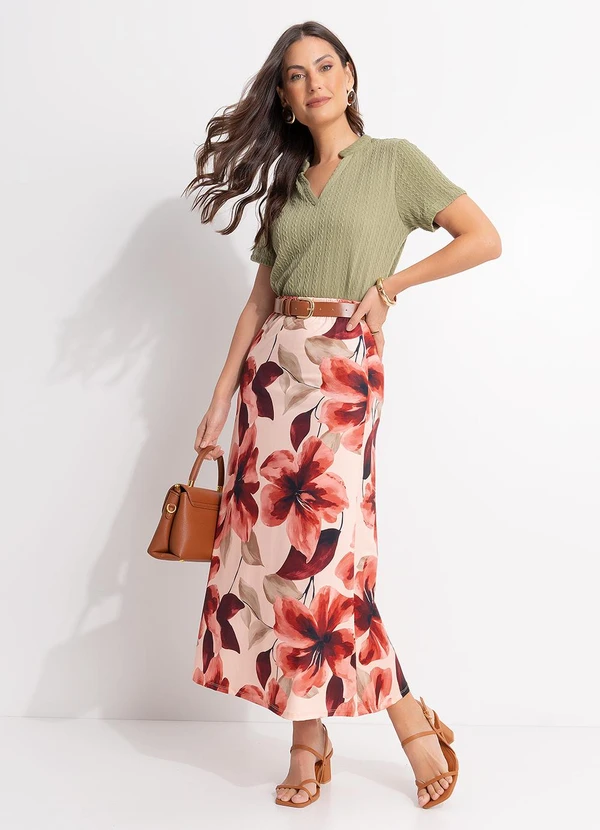 Quintess - Saia Floral Pincelado em Malha Fria