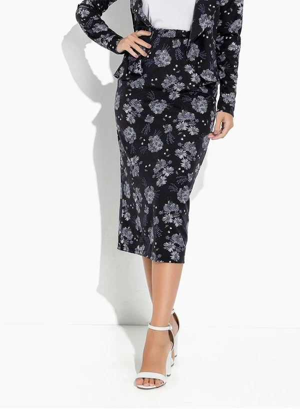Rosalie - Saia Floral Preta Reta