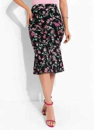 Rosalie - Saia Floral Preto com Babado - ROSALIE
