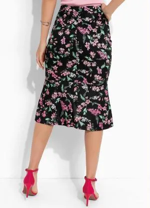 Rosalie - Saia Floral Preto com Babado - ROSALIE