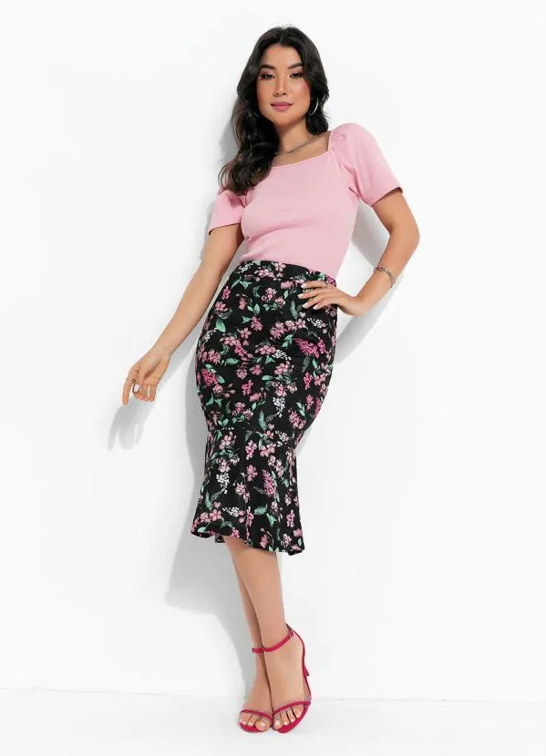 Rosalie - Saia Floral Preto com Babado 3