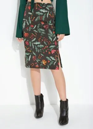 Moda Pop - Saia Floral Preto com Fenda e Cintura Alta - MODA POP