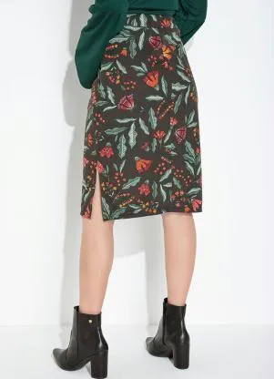 Moda Pop - Saia Floral Preto com Fenda e Cintura Alta - MODA POP