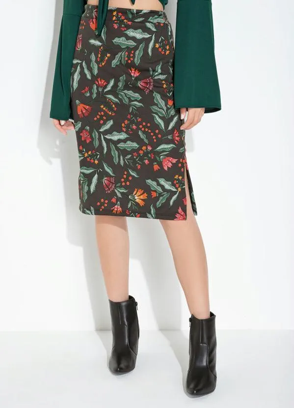 Moda Pop - Saia Floral Preto com Fenda e Cintura Alta