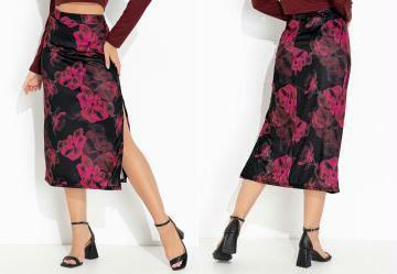 Saia Floral Preto com Fenda e Cintura Alta