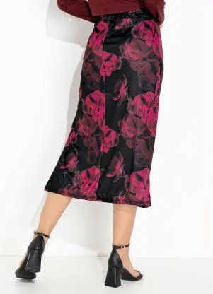 Moda Pop - Saia Floral Preto com Fenda e Cintura Alta - MODA POP