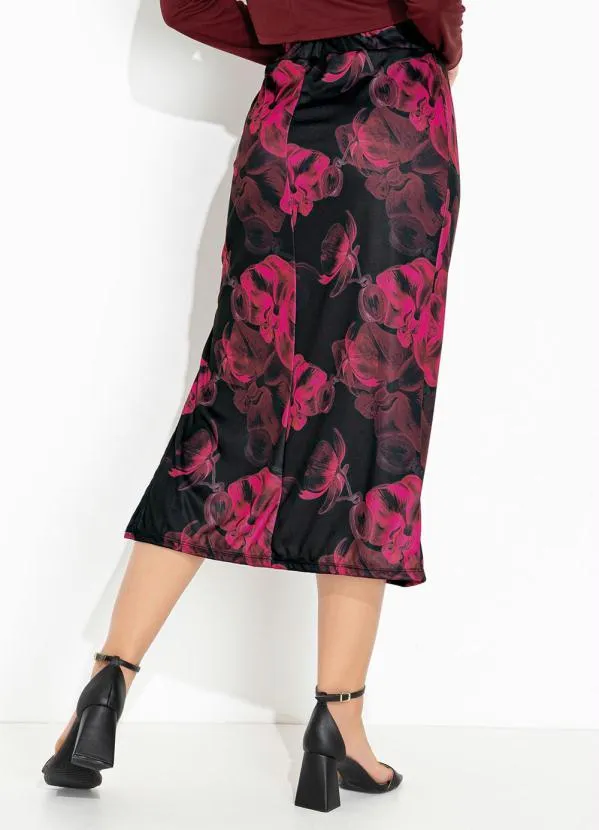 Moda Pop - Saia Floral Preto com Fenda e Cintura Alta 2