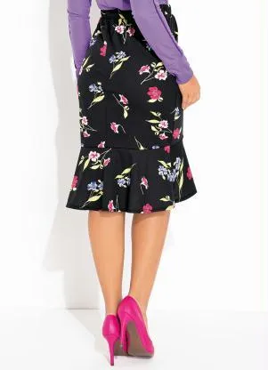 Rosalie - Saia Floral Preto com Transpasse - ROSALIE