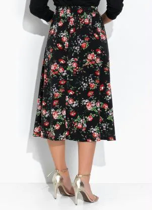 Rosalie - Saia Floral Preto Evasê - ROSALIE