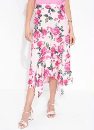 Queima Estoque - Saia Floral Rosa com Peplum Moda Evangélica - QUEIMA ESTOQUE