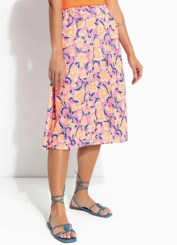 Outlet - Saia Floral Rosa Elástico no Cós