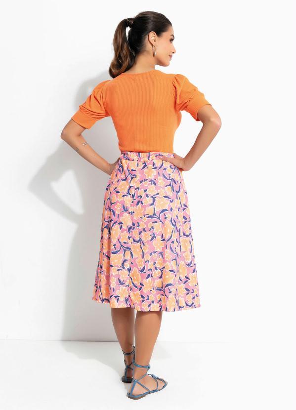Outlet - Saia Floral Rosa Elástico no Cós