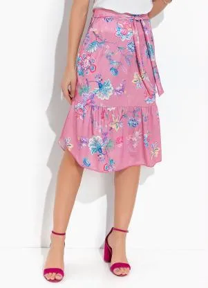 Rosalie - Saia Floral Rosa em Jersey Acetinado - ROSALIE